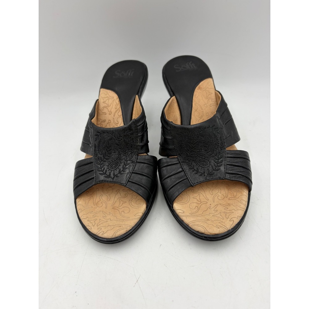 Sofft Slide Sandals Black Leather Embroidered Kitten Heel Women 10M Noel Comfort - Picture 2 of 9